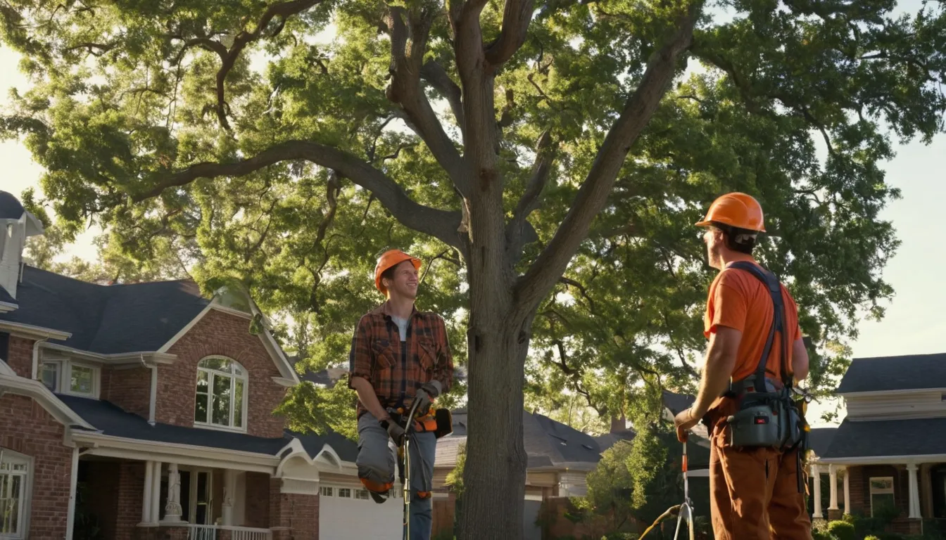 A homeowner and a local tree provider talking beside a tall oak in a Alpharetta front yard