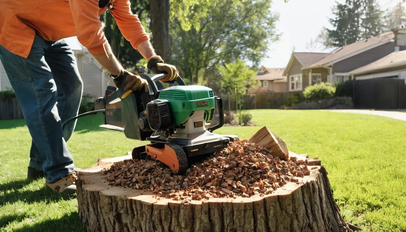 Stump grinder cutting down an old tree stump in a backyard in the Alpharetta area